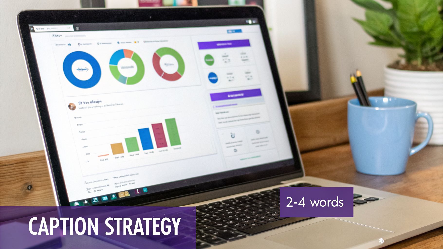 A laptop displays data analytics with colorful charts and graphs on a wooden desk, next to a blue mug.
