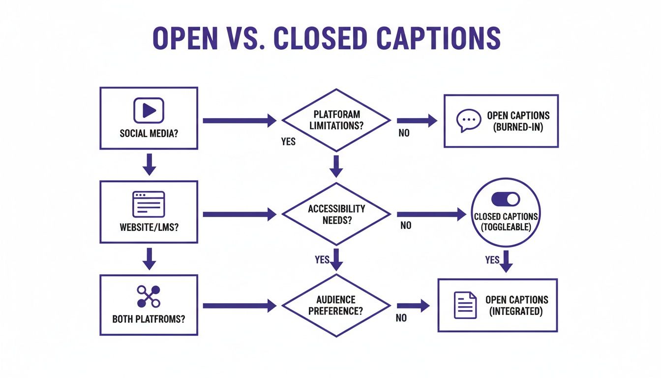 A flowchart titled 'Open vs. Closed Captions' guides decisions for social media, websites, and accessibility.