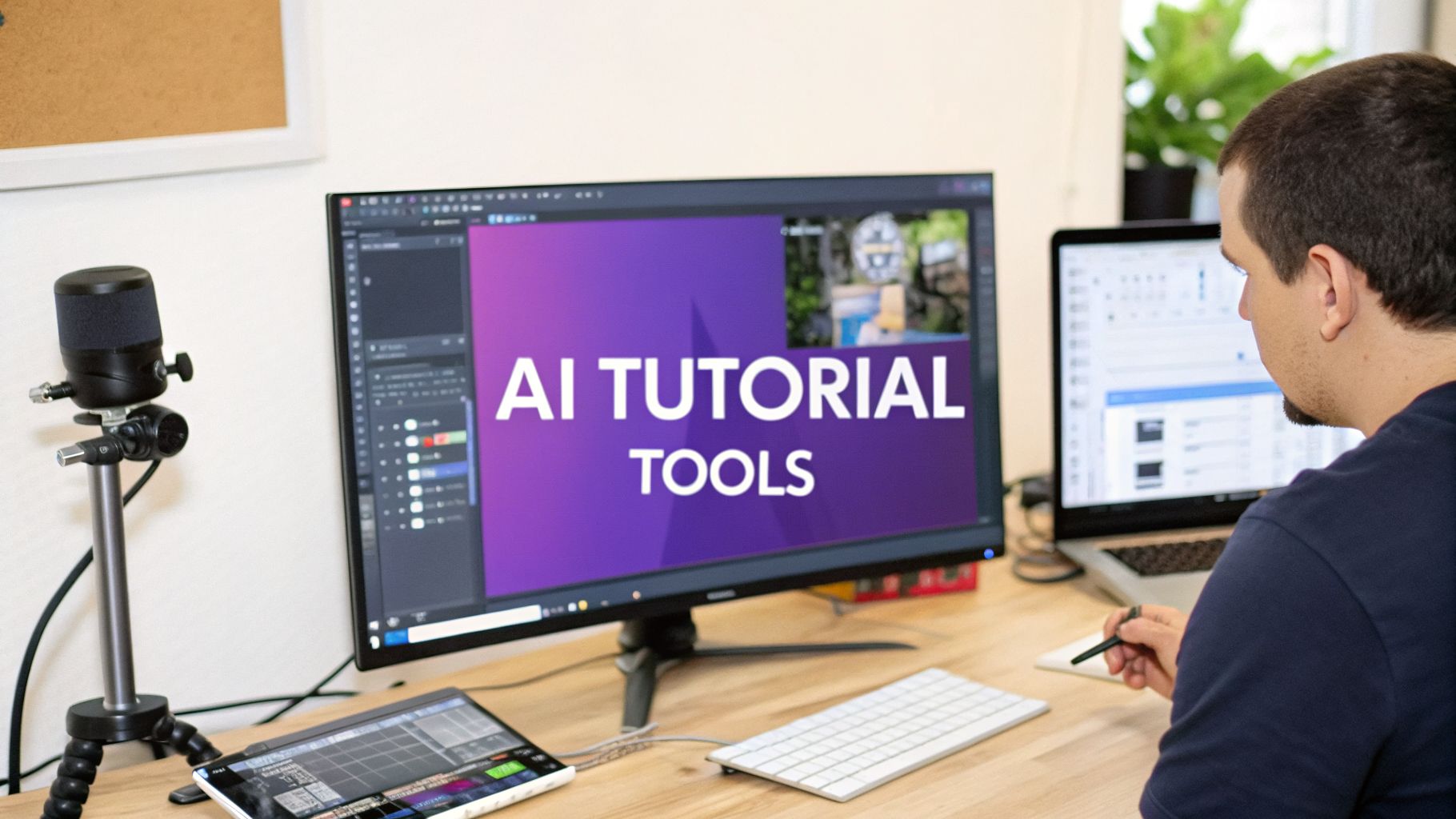 A person works at a modern desk with multiple screens, a microphone, and keyboard, focusing on an AI tutorial.