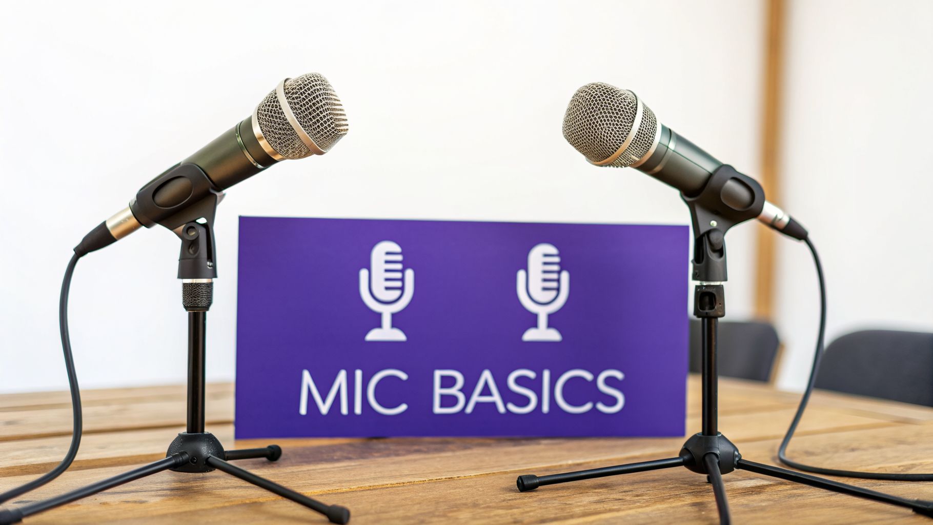 Two professional microphones on stands on a wooden table, with a purple 'MIC BASICS' sign.
