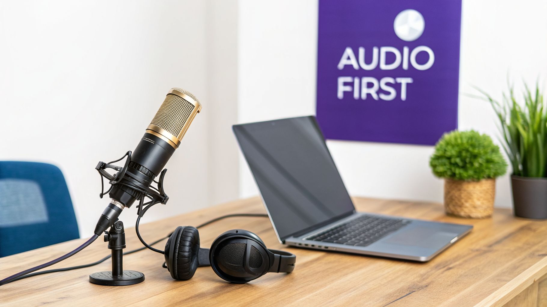A professional podcasting setup with a gold microphone, headphones, laptop, and 'AUDIO FIRST' sign on a wooden desk.