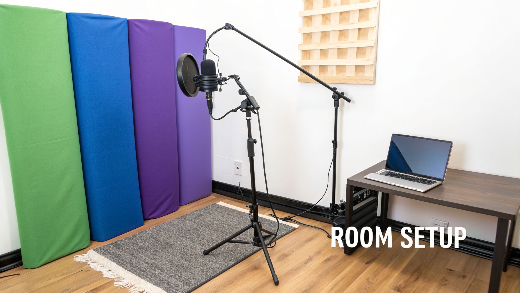 A home recording studio setup with colorful acoustic panels, a microphone, a laptop on a desk, and a rug.