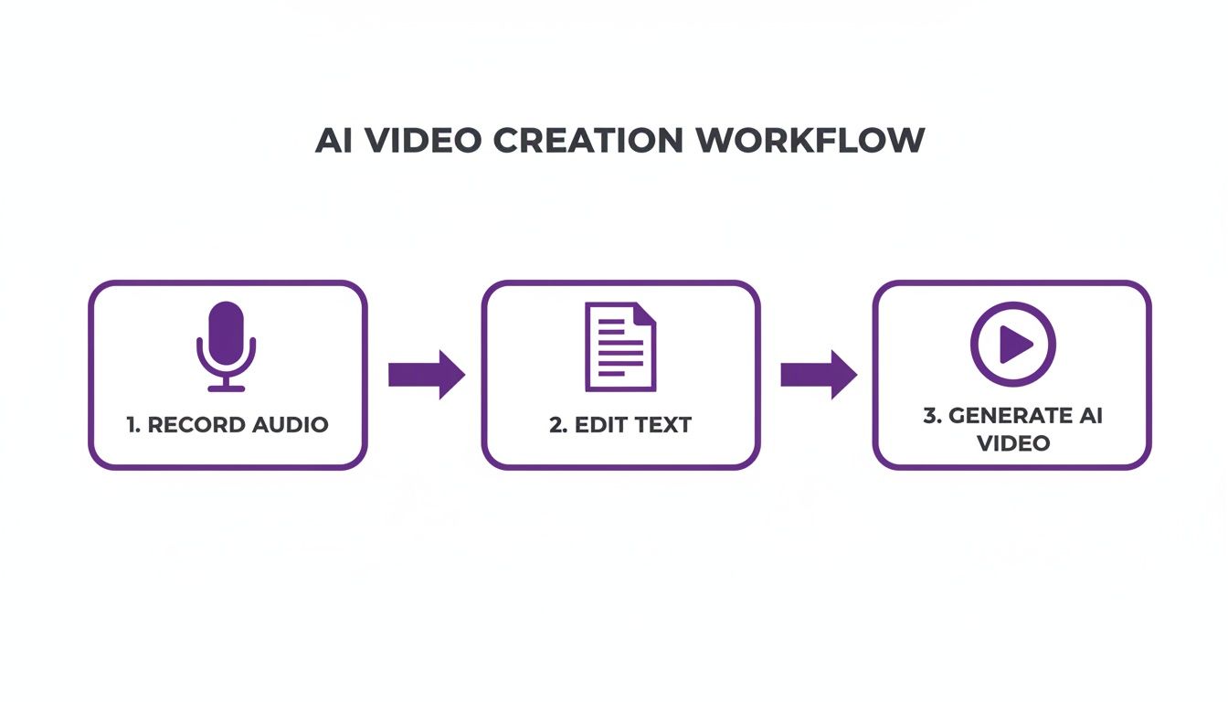 A step-by-step diagram showing the AI video creation workflow: record audio, edit text, generate AI video.
