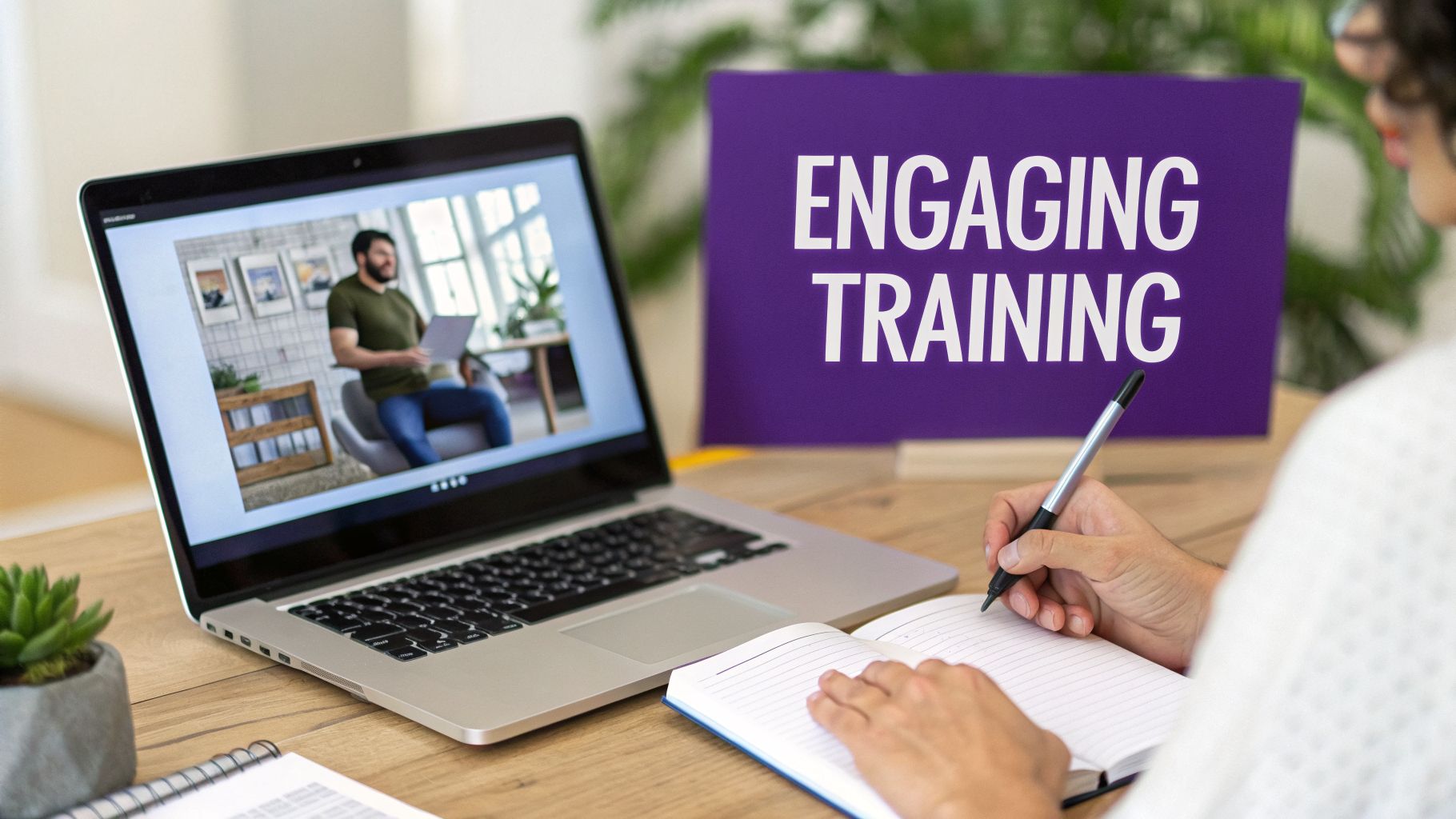 A person taking notes while watching an engaging online training session on a laptop.