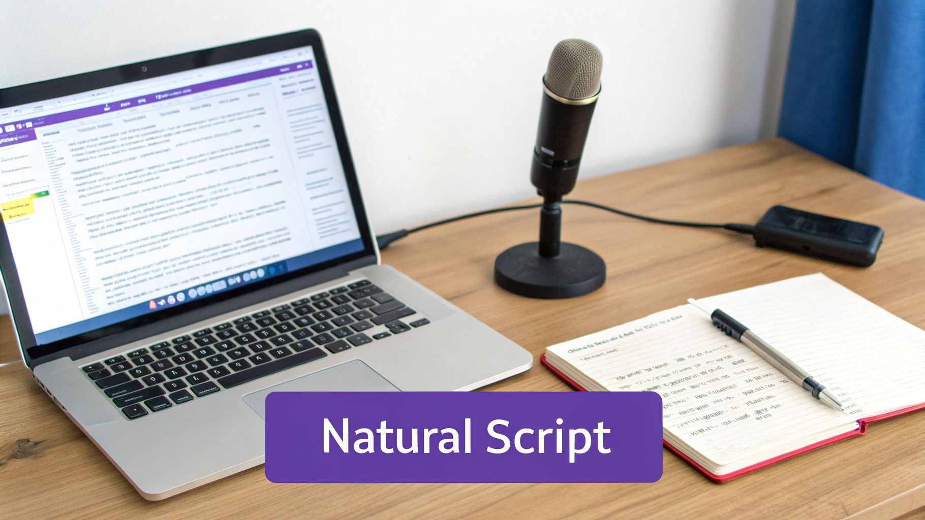 A professional voice recording setup with a laptop, microphone, and notebook on a wooden desk.