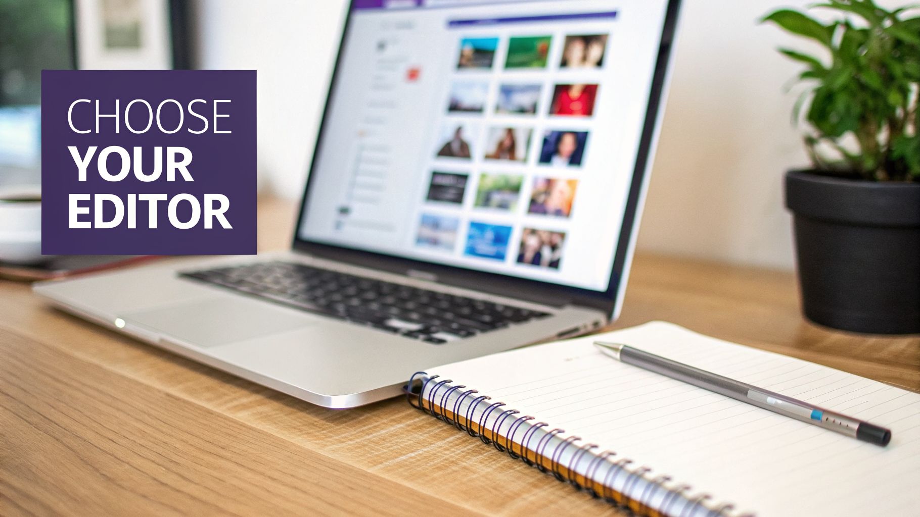 A laptop on a wooden desk with a notebook, pen, and plant. A purple overlay reads 'CHOOSE YOUR EDITOR'.