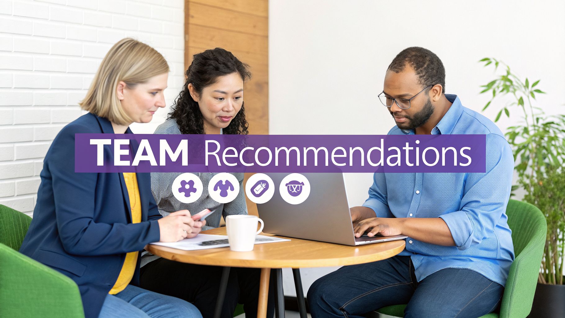 Three diverse professionals collaborate at a table with a laptop, overlaid with 'TEAM Recommendations' text and icons.
