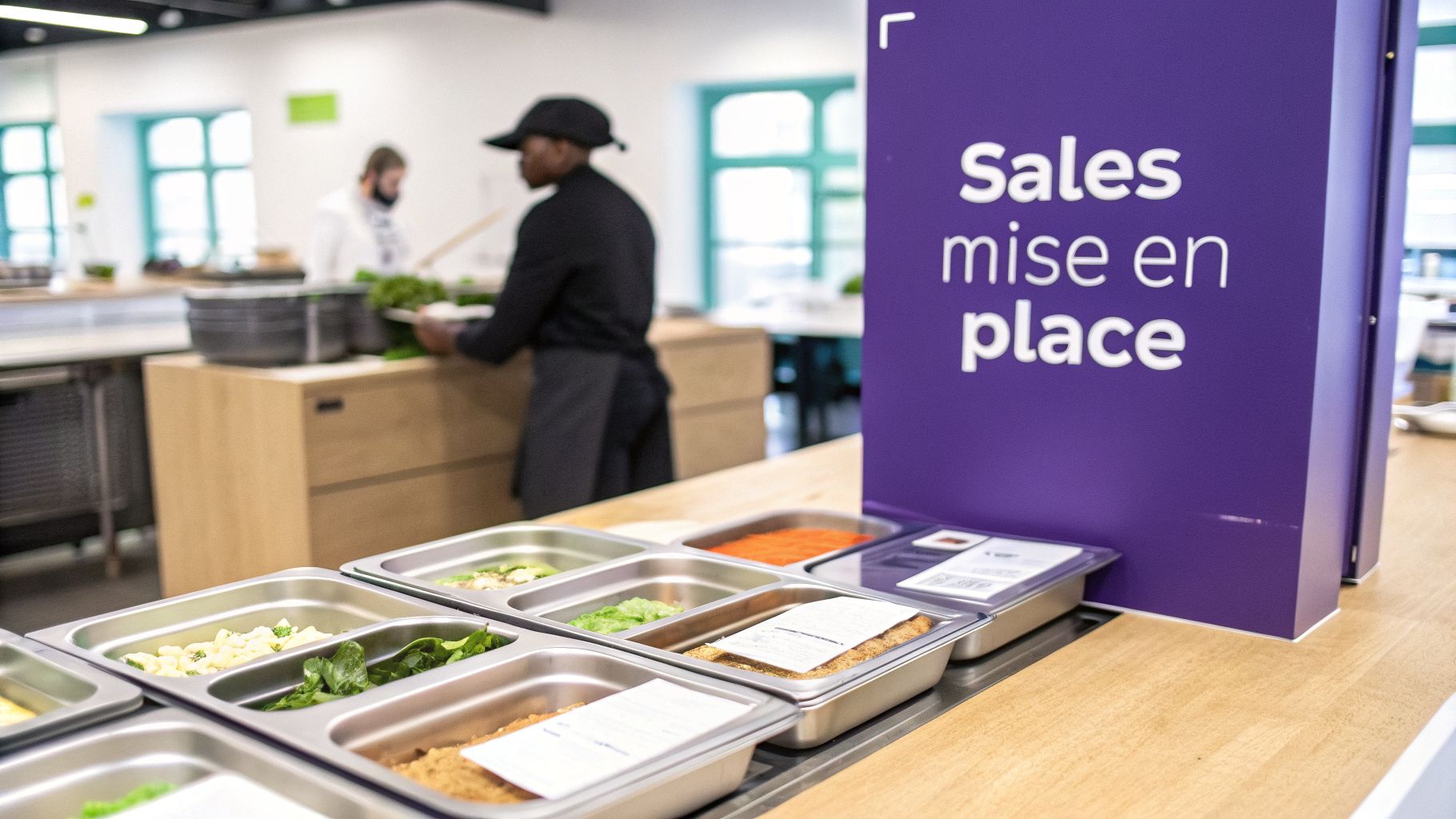 A food service line with various dishes in metal trays, staff working, and a purple 'Sales mise en place' sign.