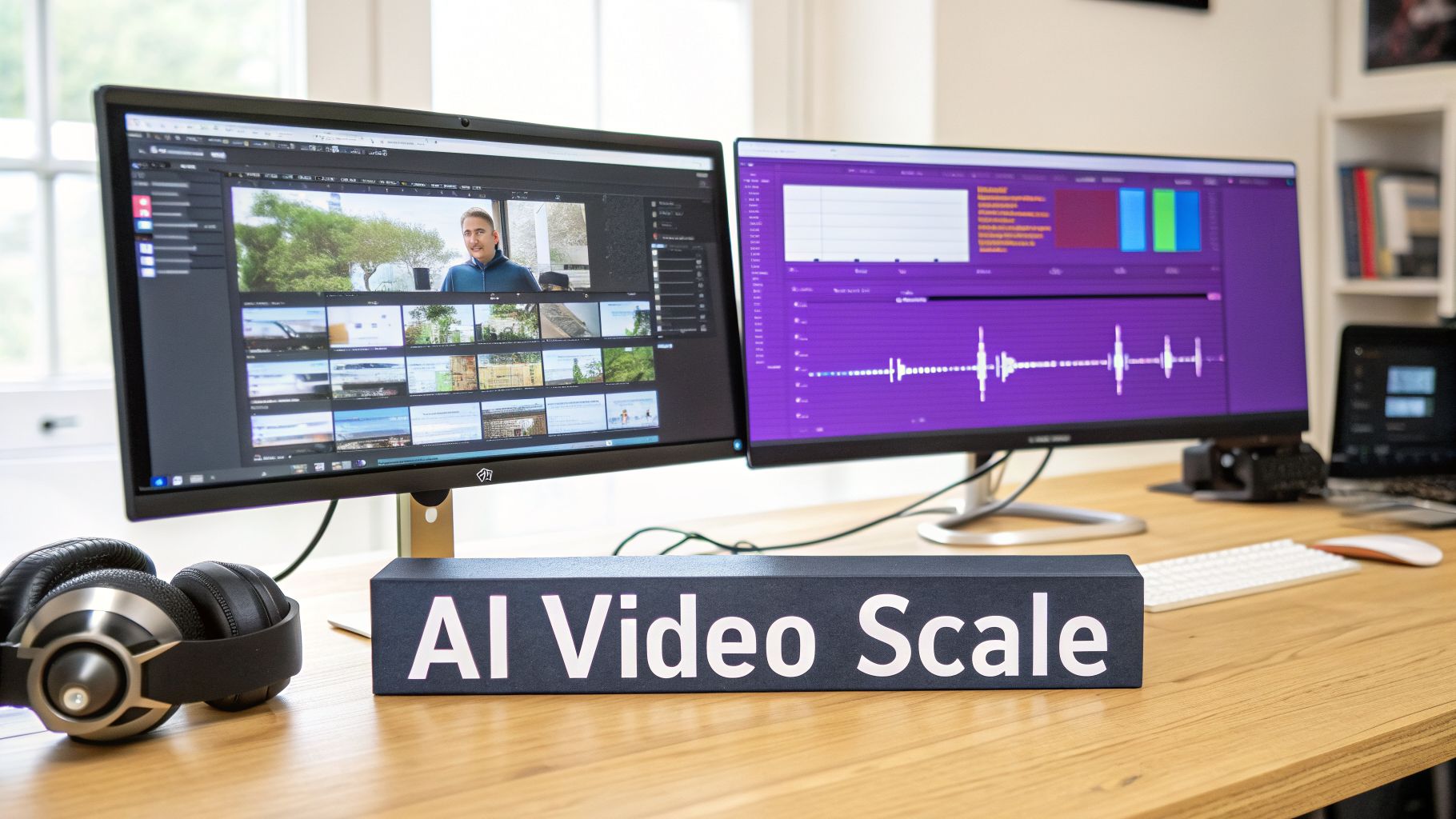 A dual-monitor desk setup showing video editing software, headphones, and an 'AI Video Scale' sign.