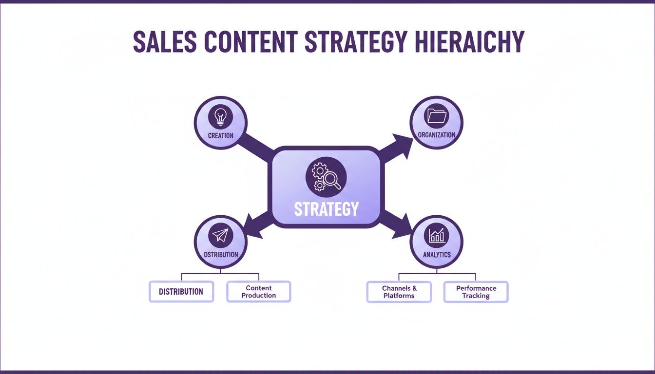 Diagram showing the sales content strategy hierarchy with creation, organization, distribution, and analytics.
