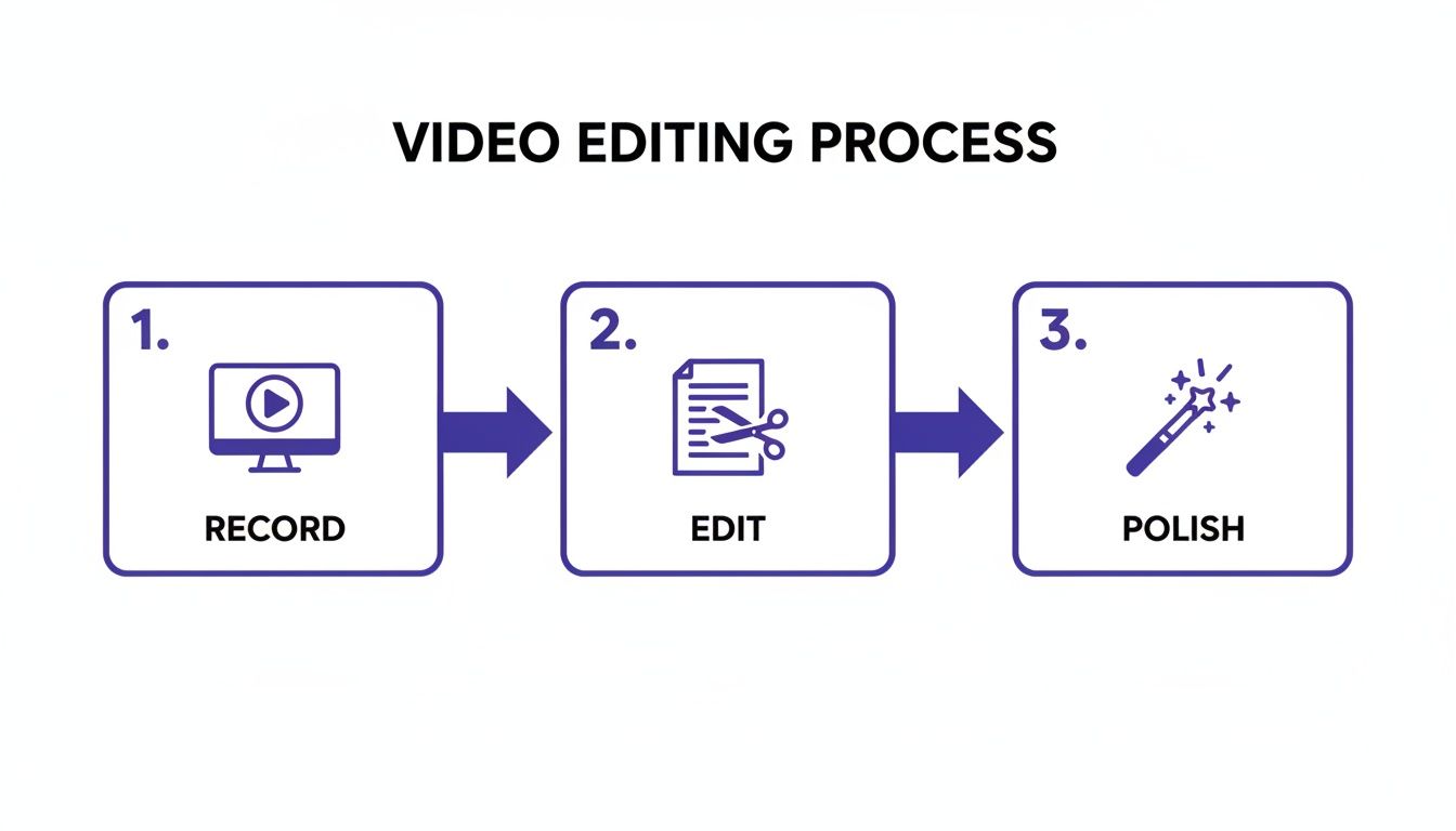 A three-step video editing process flowchart with icons for record, edit, and polish.