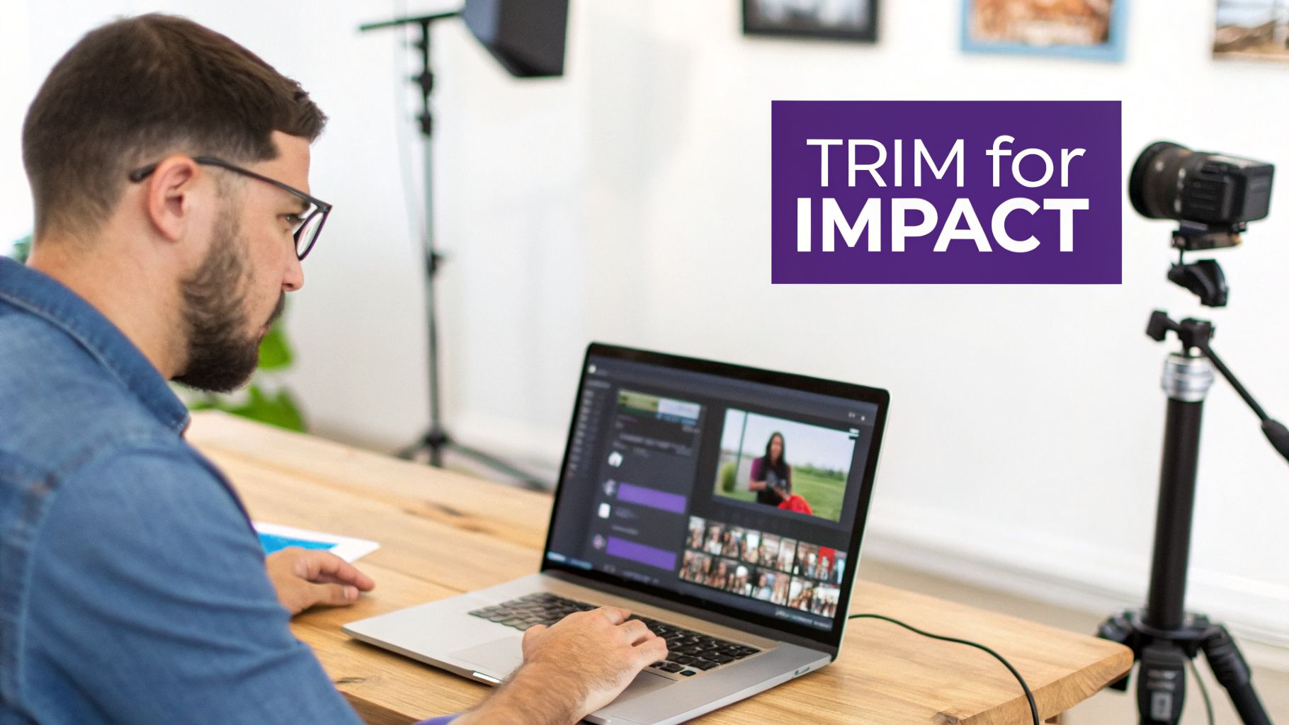 A man with glasses and a beard edits video on a laptop, sitting at a wooden desk with camera equipment nearby.