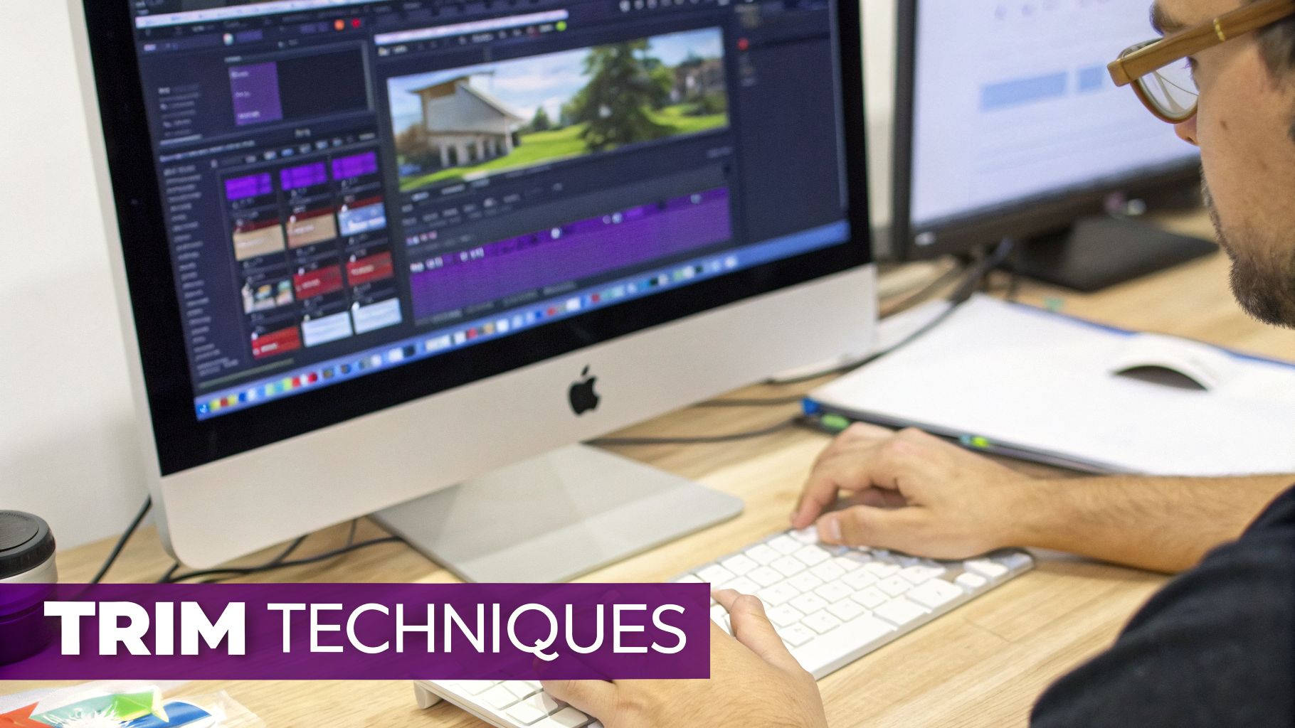 A person intently using an Apple iMac for video editing, with "TRIM TECHNIQUES" text visible.