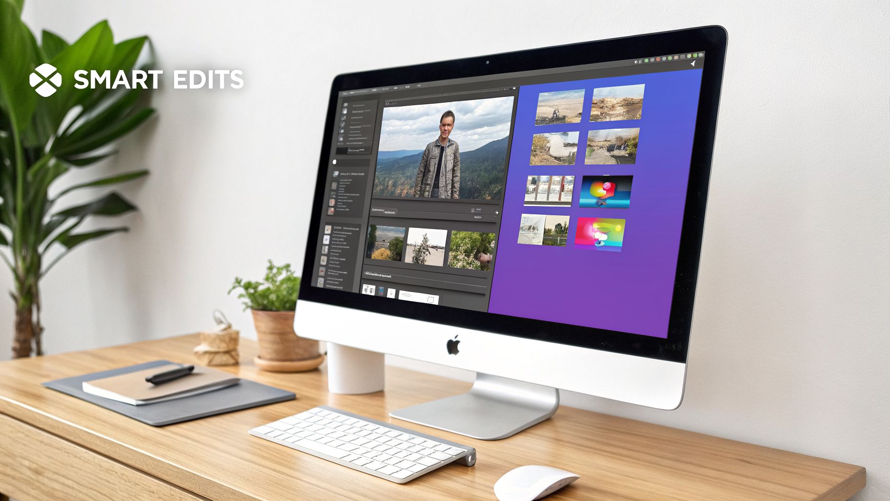 A modern Apple iMac on a wooden desk displaying photo editing software with images.