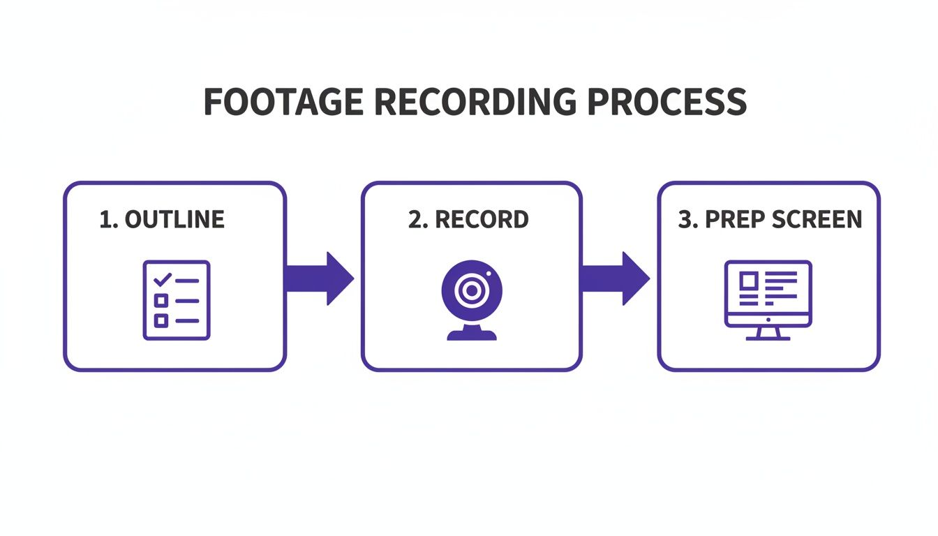 Step-by-step guide illustrating the footage recording process with outline, record, and prep screen stages.