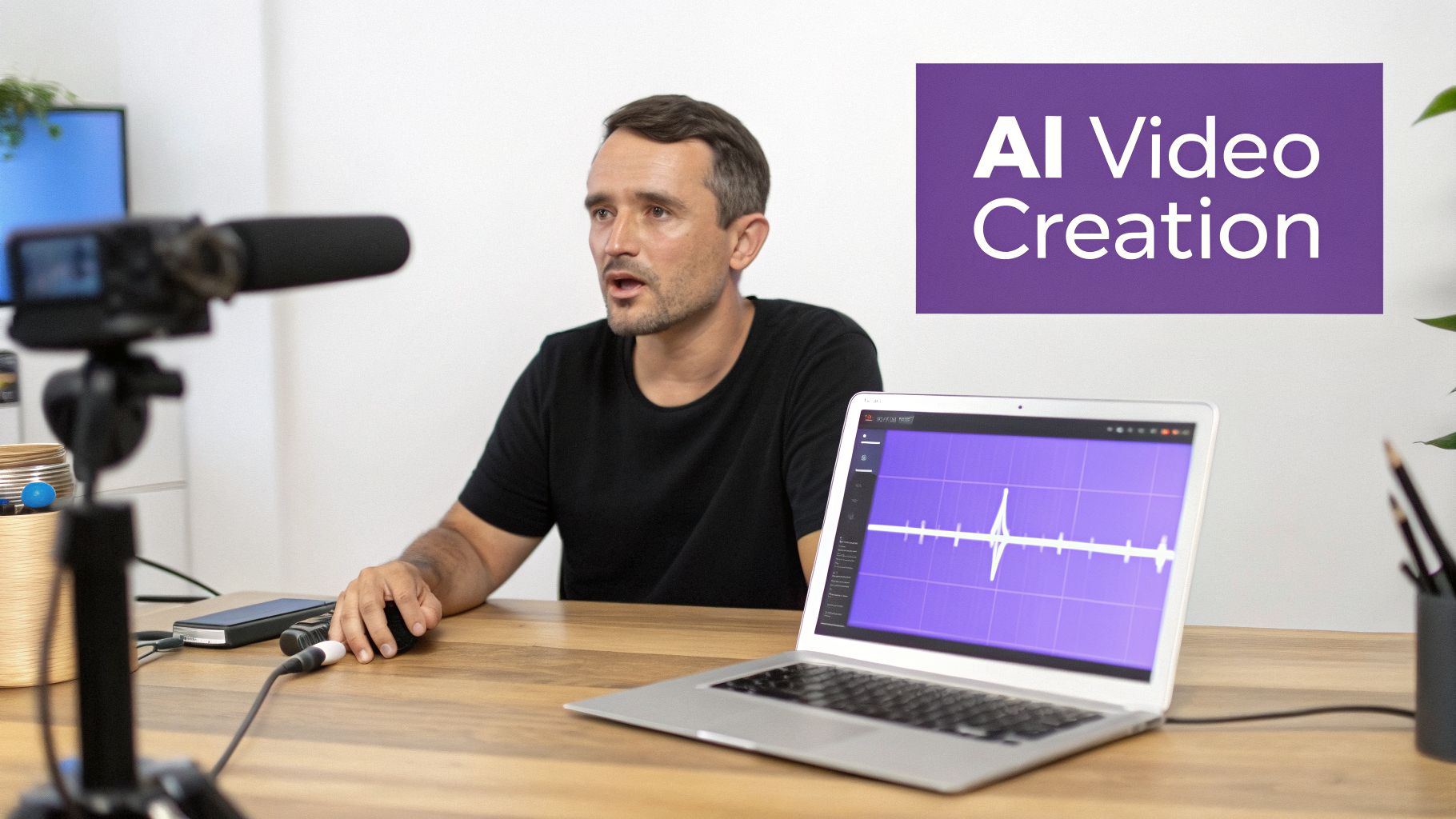 Man speaking about AI video creation at a desk with a laptop, microphone, and camera.