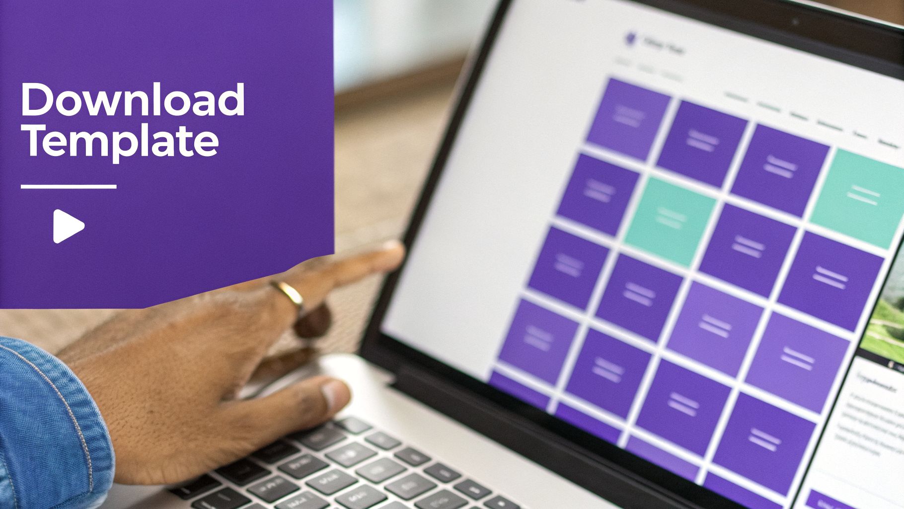 A person's hand points at a laptop displaying a grid design, with a 'Download Template' overlay.
