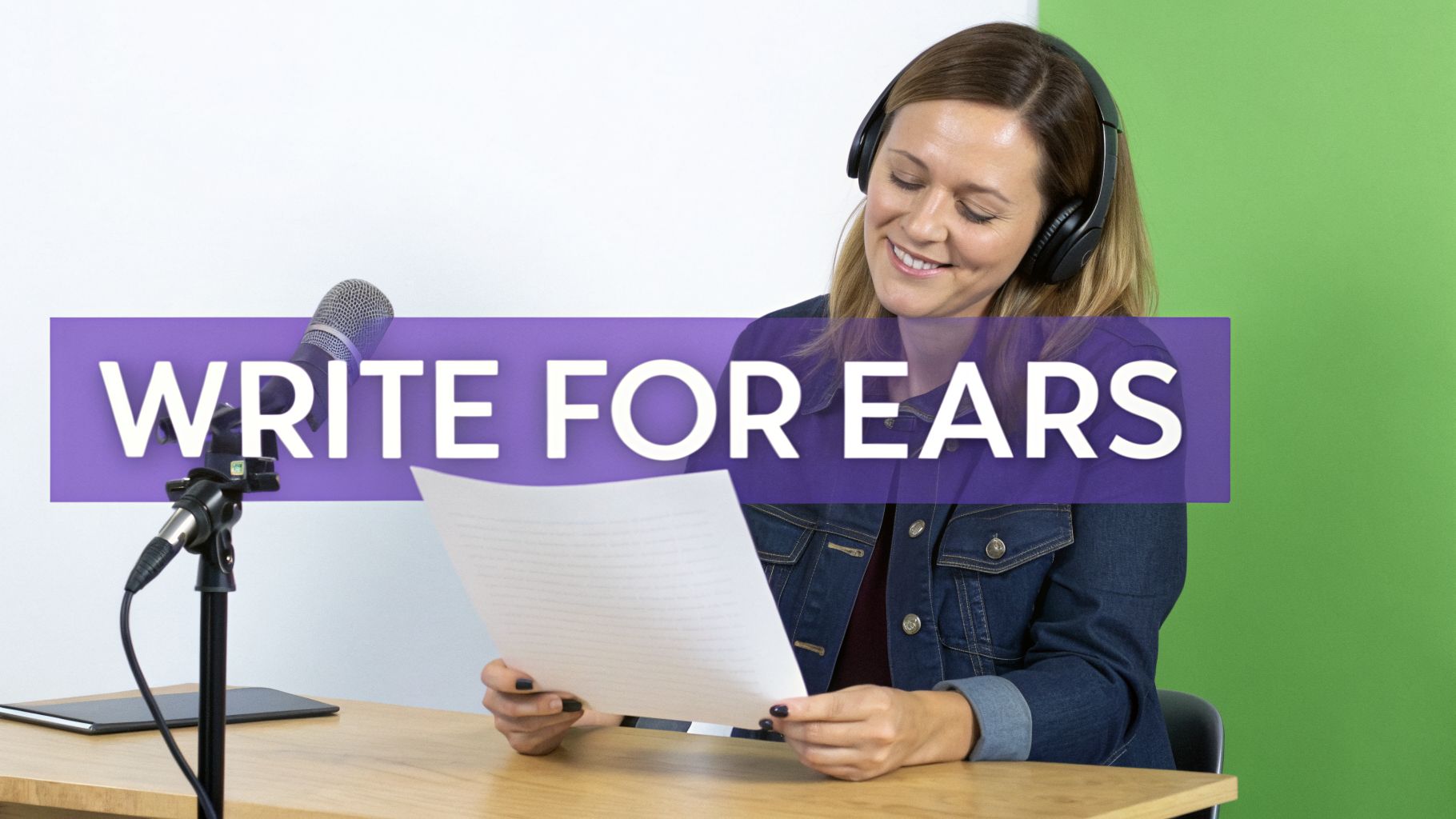 A smiling woman with headphones reads a script at a desk with a microphone, text 'WRITE FOR EARS'.