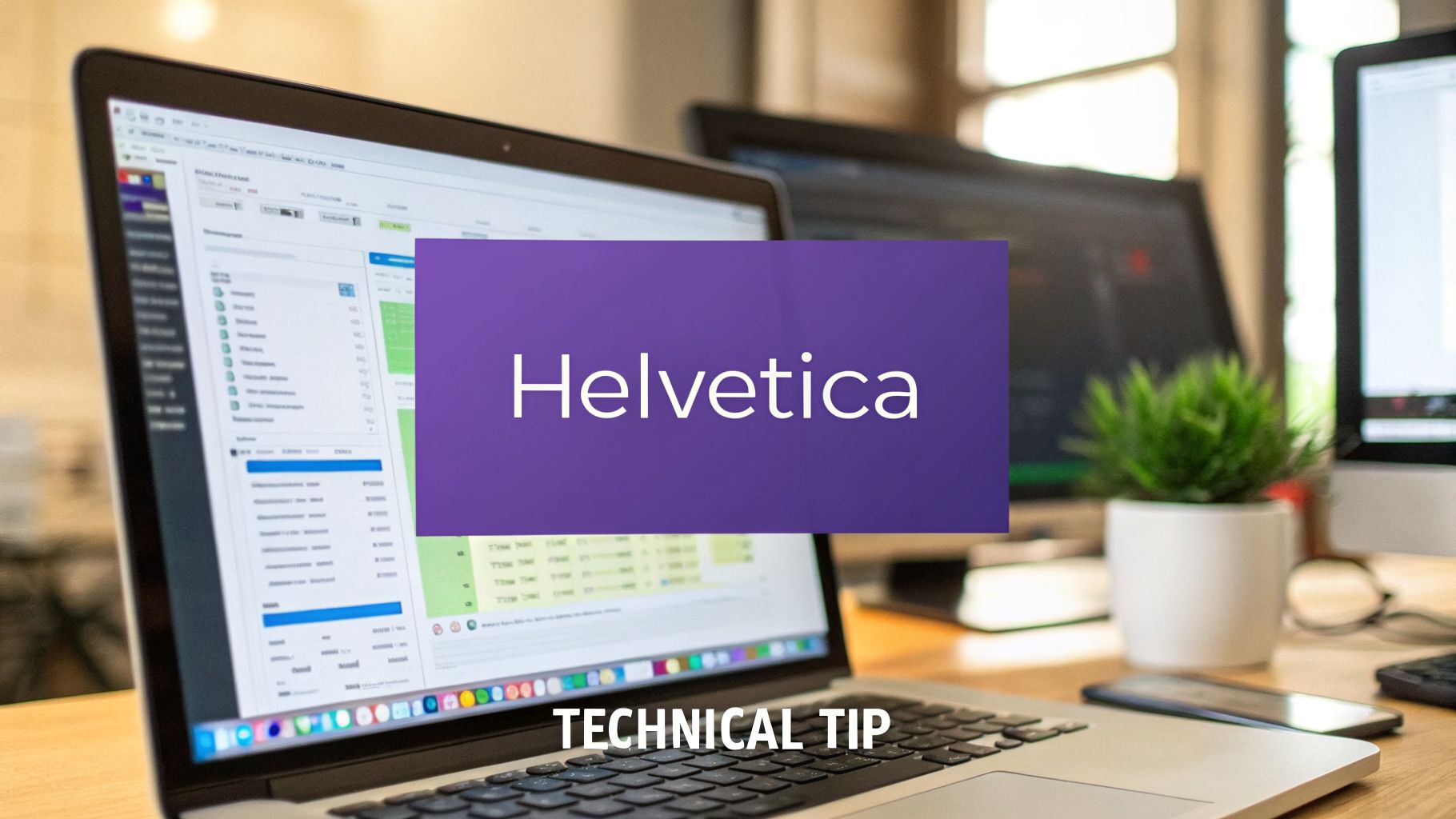 A laptop on a desk with a purple overlay displaying 'Helvetica' and a 'TECHNICAL TIP' banner below.