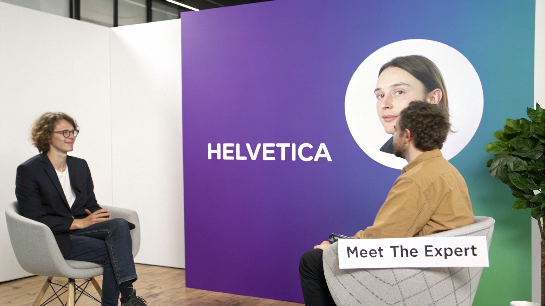 Two men sit in a studio, one in a suit, for an interview with Helvetica branding.