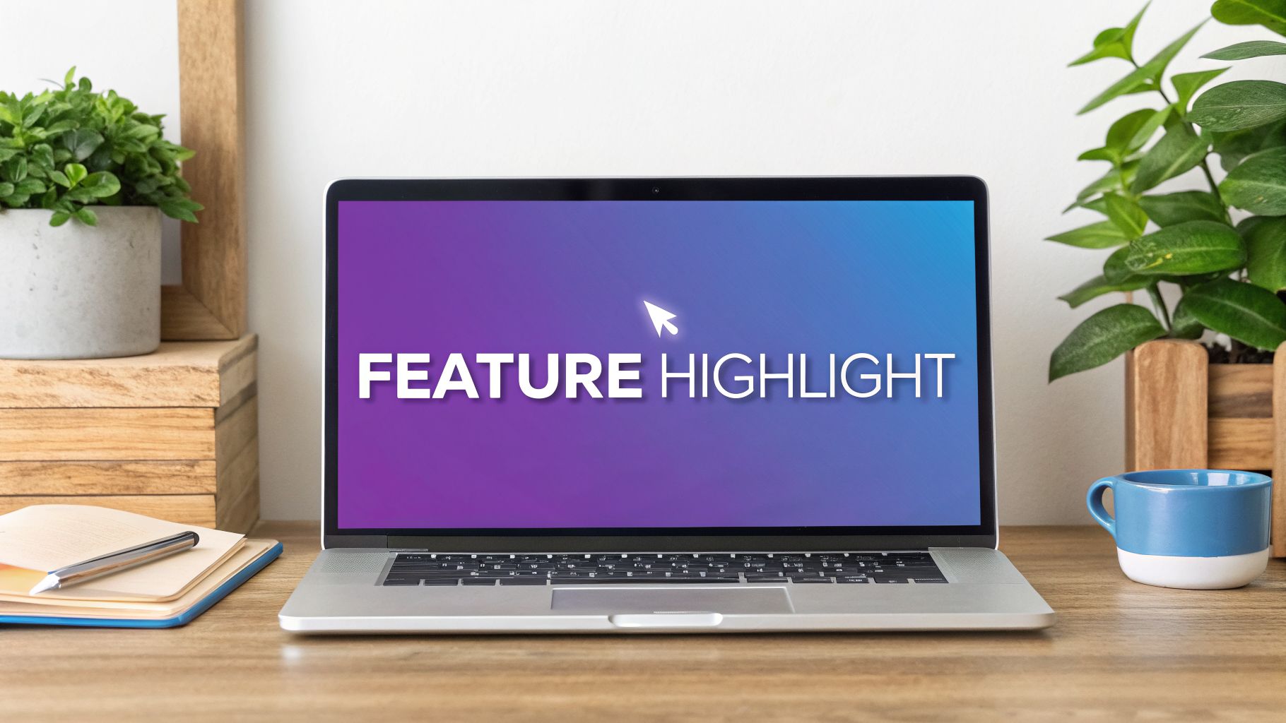 A laptop displays "FEATURE HIGHLIGHT" with a cursor on a gradient screen, amidst plants and desk items.