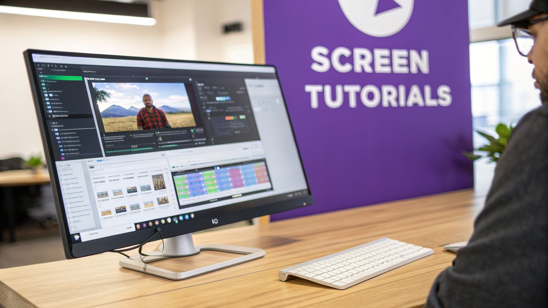 A person uses a computer to edit a video tutorial, with 'SCREEN TUTORIALS' on a purple banner.