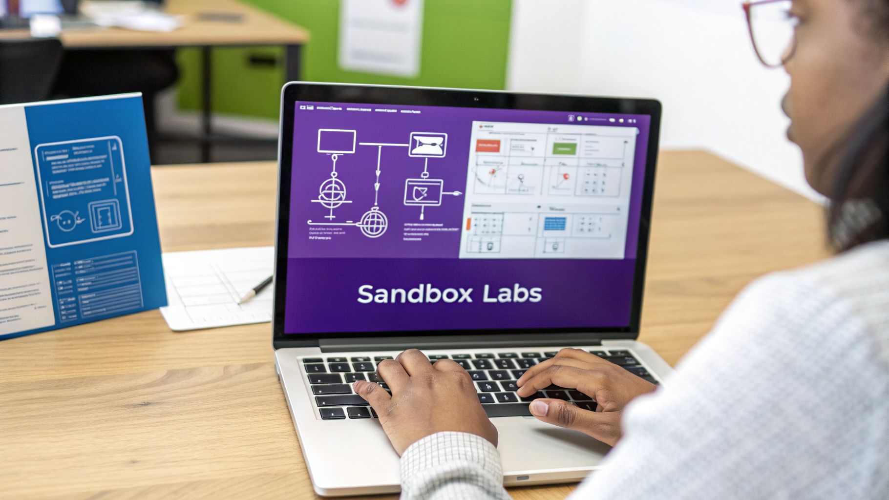 A person types on a laptop displaying 'Sandbox Labs' and diagrams in an office.