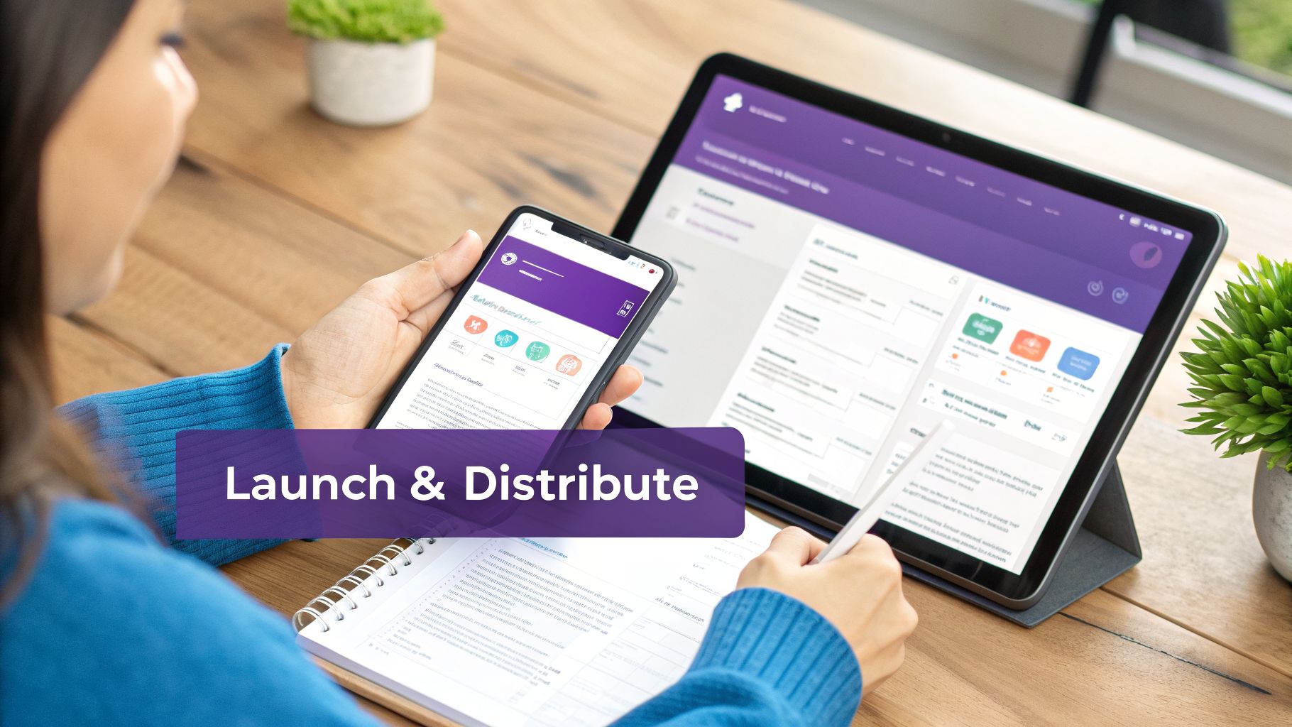 Person manages projects on phone and tablet, taking notes, with 'Launch & Distribute' overlay.