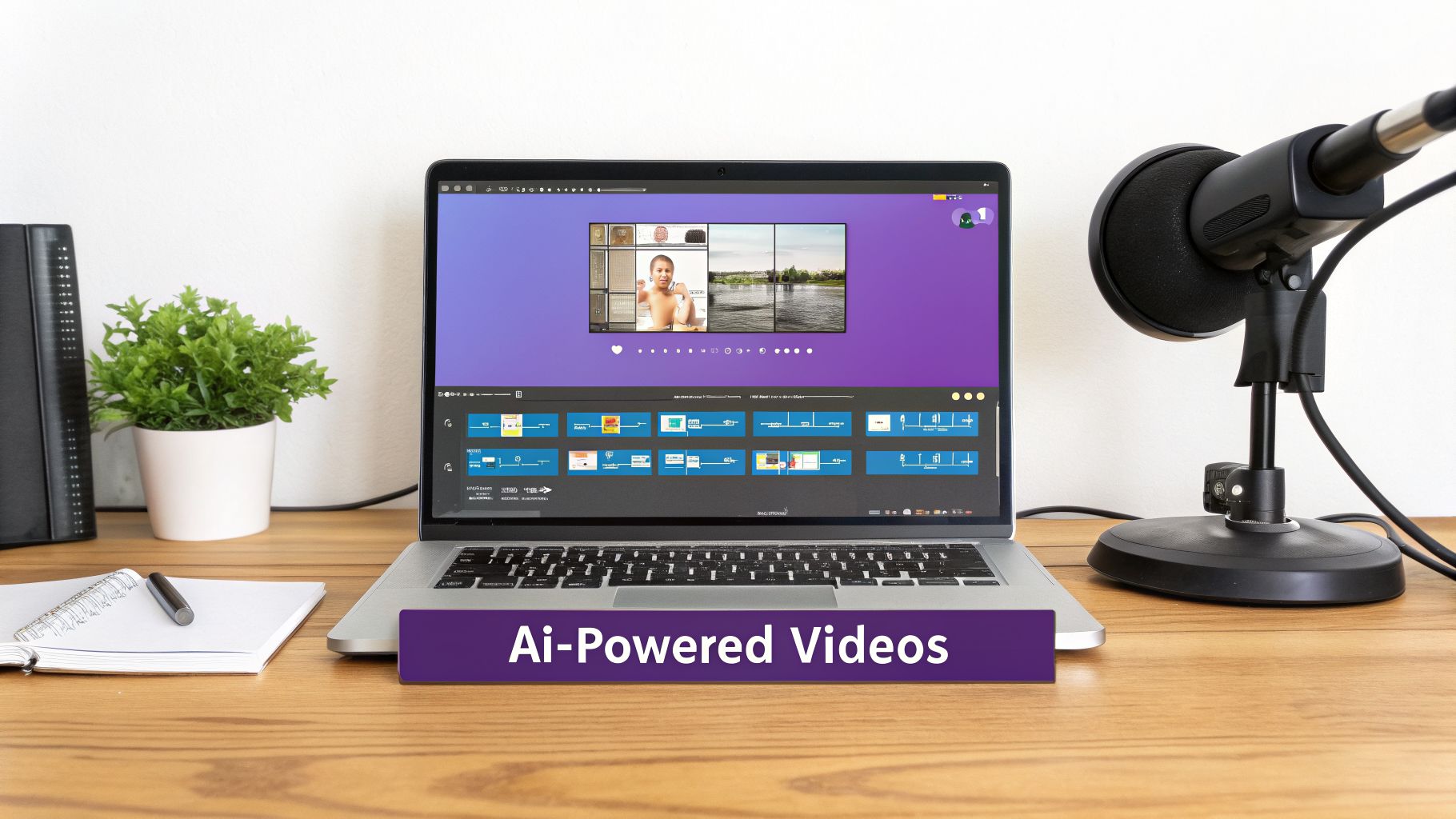 A laptop on a wooden desk displays AI video editing software, next to a microphone and potted plant.