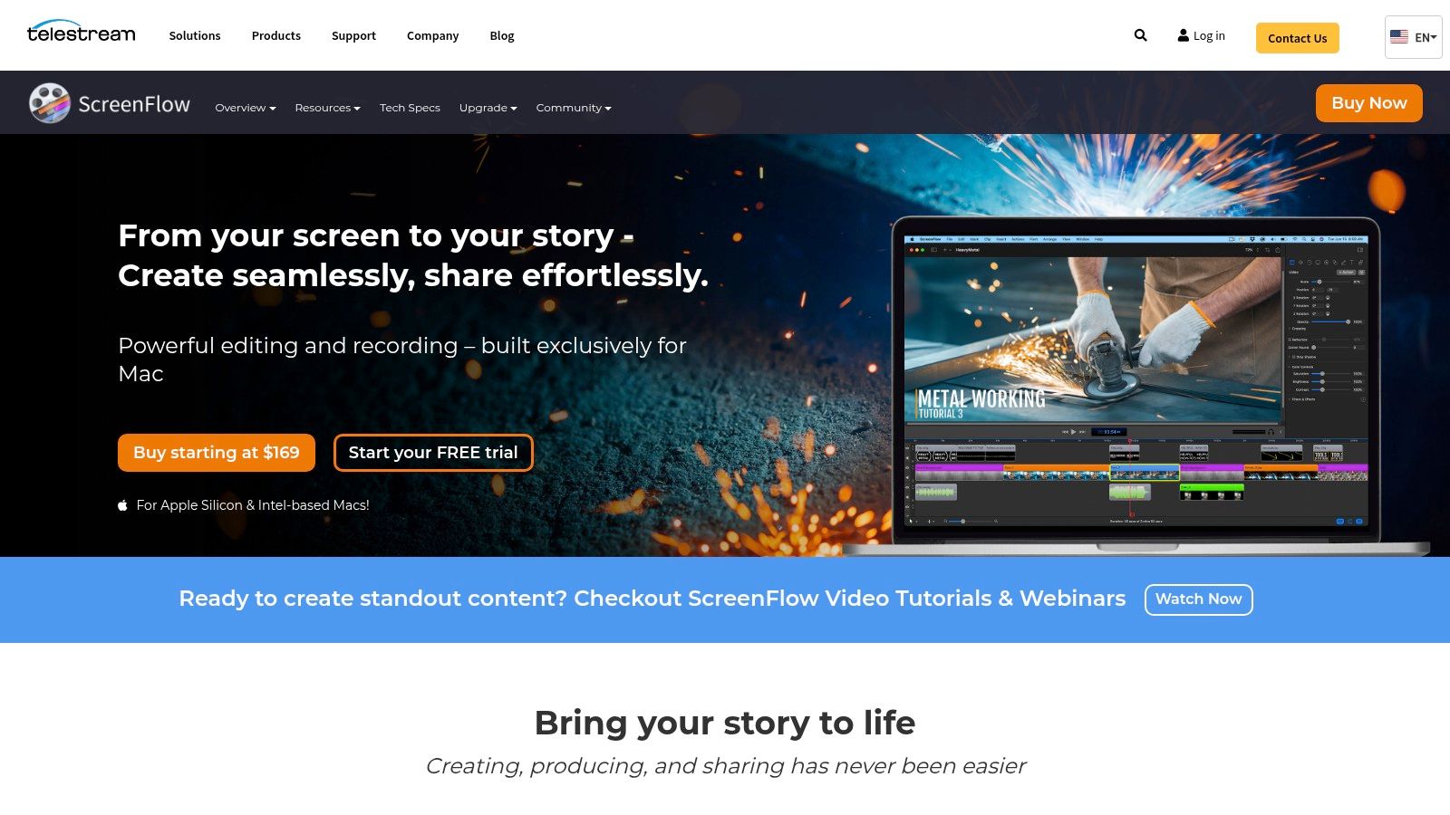 Telestream ScreenFlow interface showing a video editing timeline with media bins and a canvas preview.