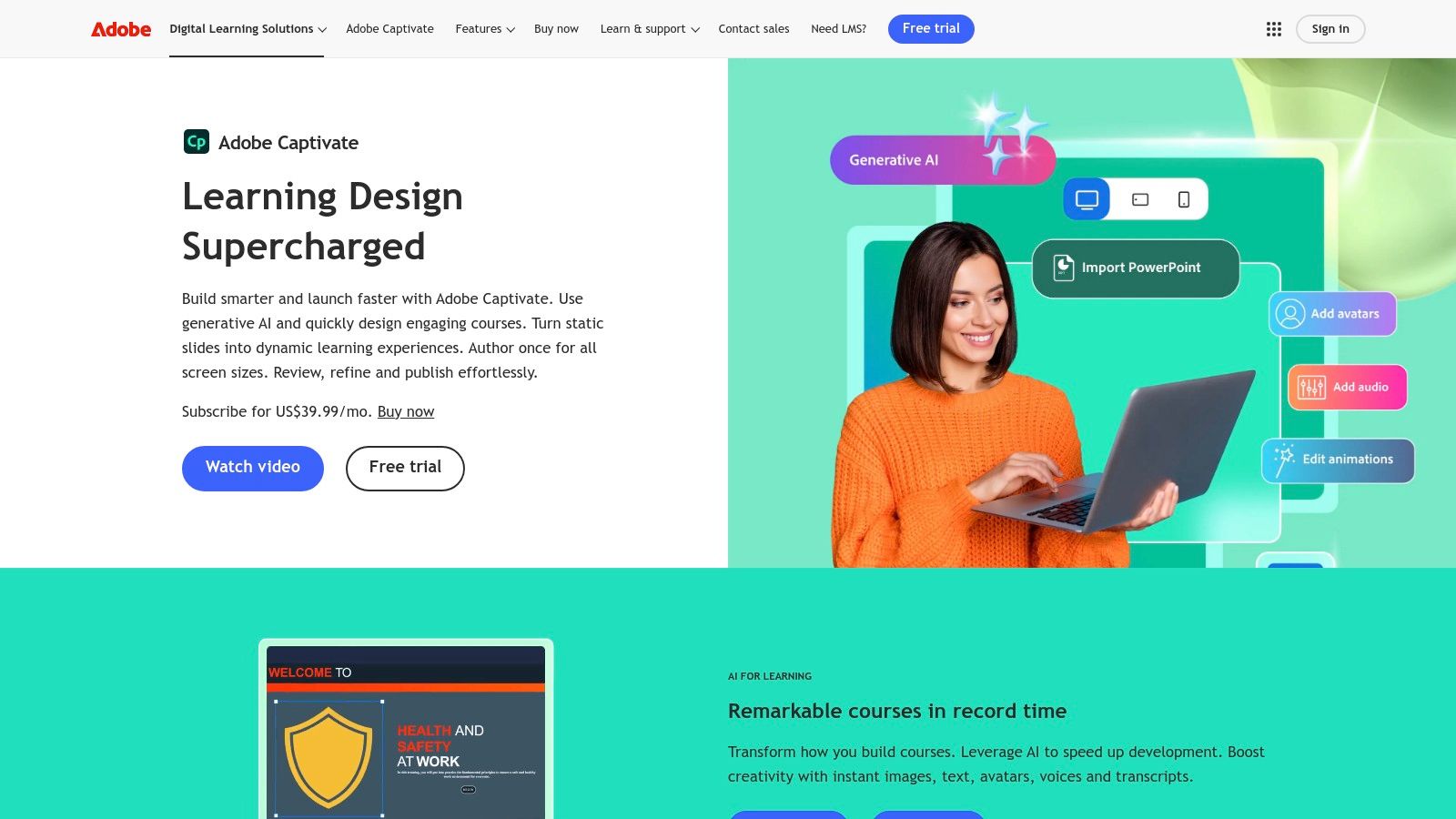 Adobe Captivate interface showing a slide-based course with interactive elements and timelines.