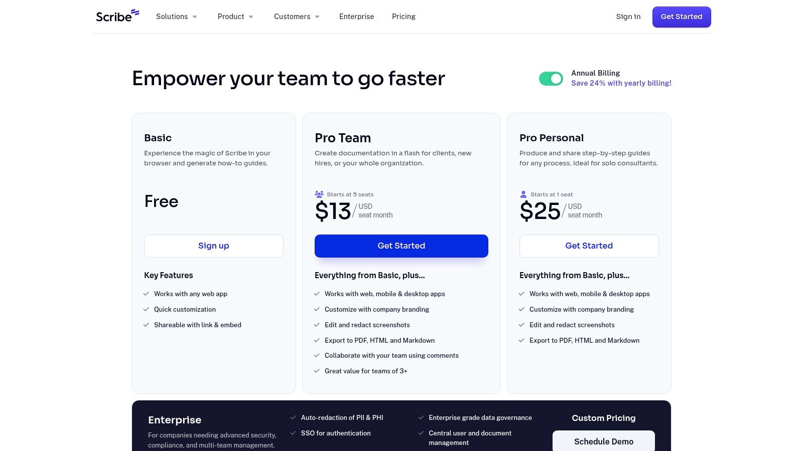 Scribe (Scribehow) pricing plans for its tutorial creation software.