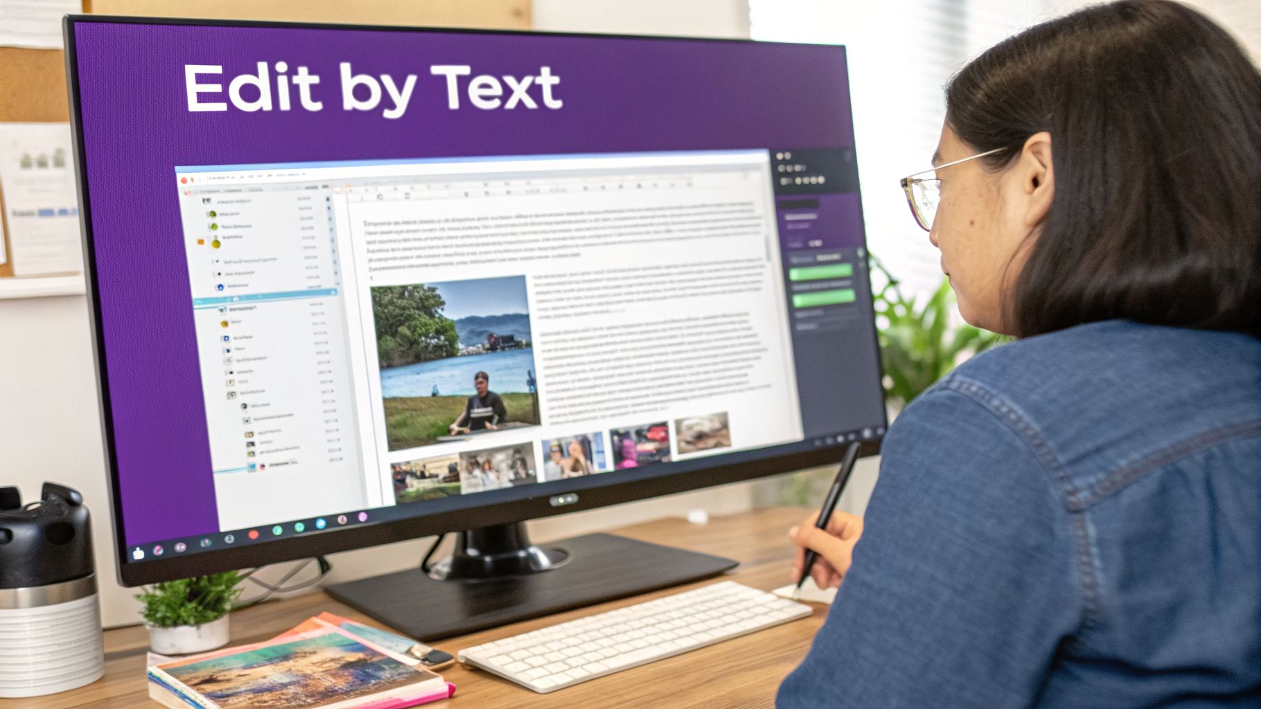 A person uses a stylus while working at a computer displaying 'Edit by Text' software on the monitor.