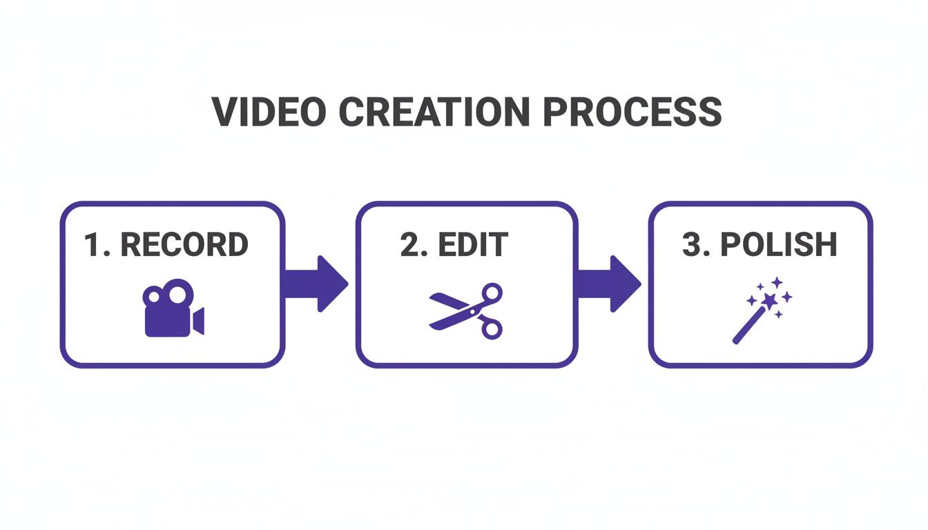 A flowchart illustrates the video creation process with three steps: Record, Edit, and Polish, each with an icon.