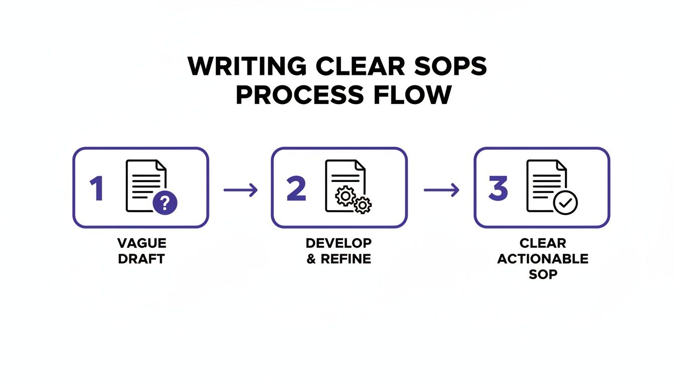 A process flow showing three steps to write clear and actionable Standard Operating Procedures (SOPs).