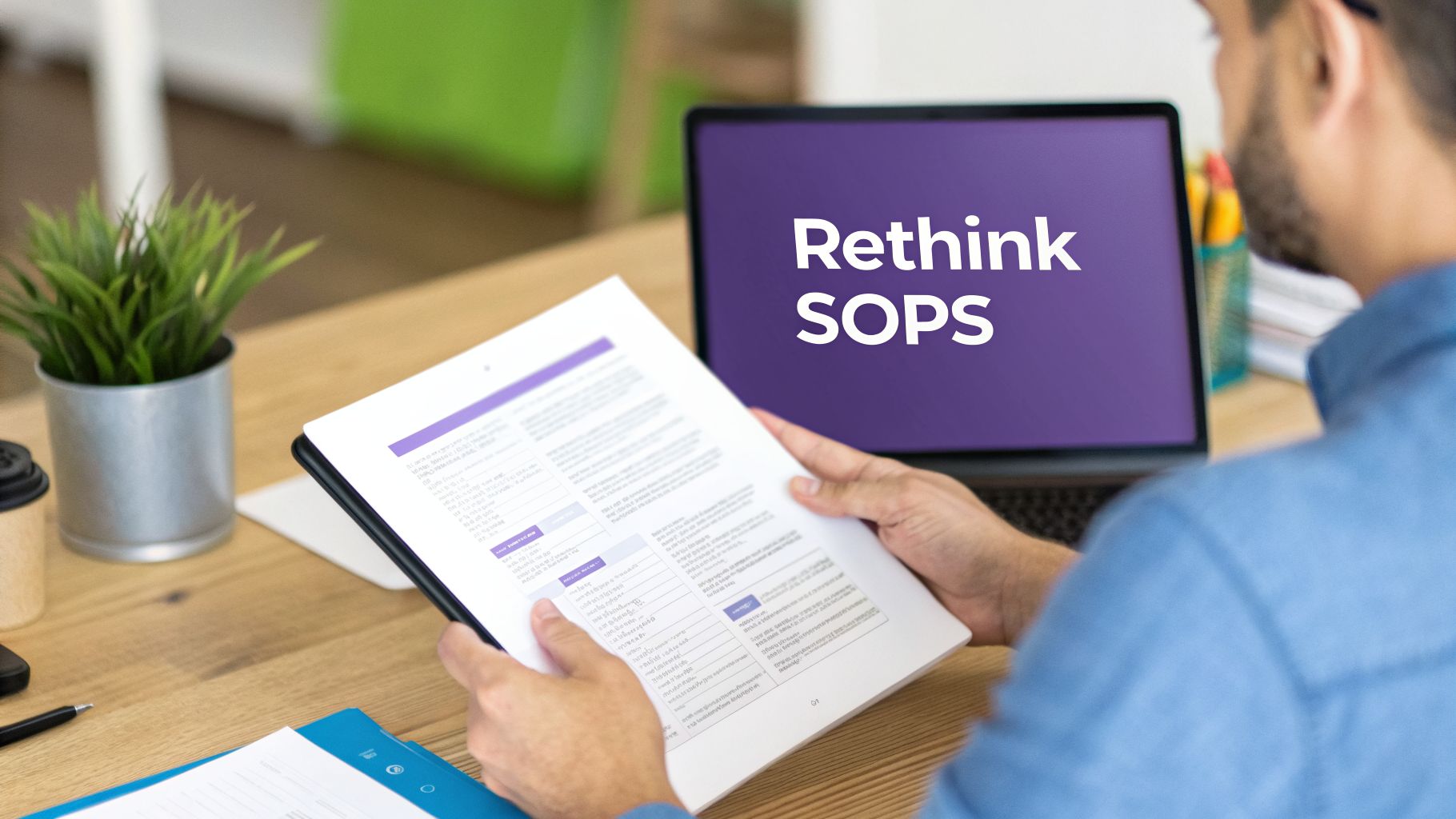 A person holds a document while viewing a laptop screen displaying 'Rethink SOPS' on a wooden desk.