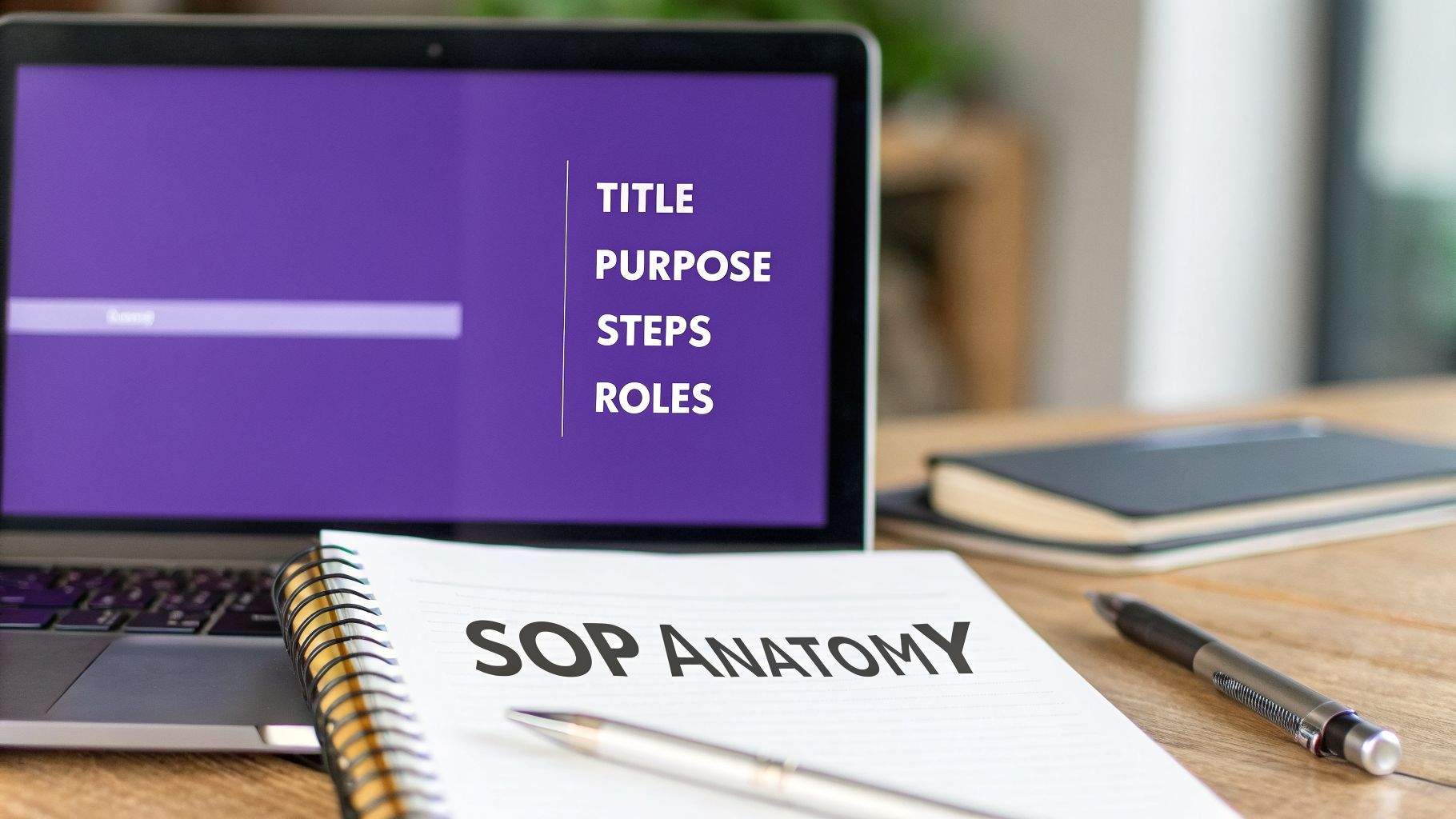 A laptop displays SOP sections: Title, Purpose, Steps, Roles. A notebook shows 'SOP ANATOMY' with a pen.