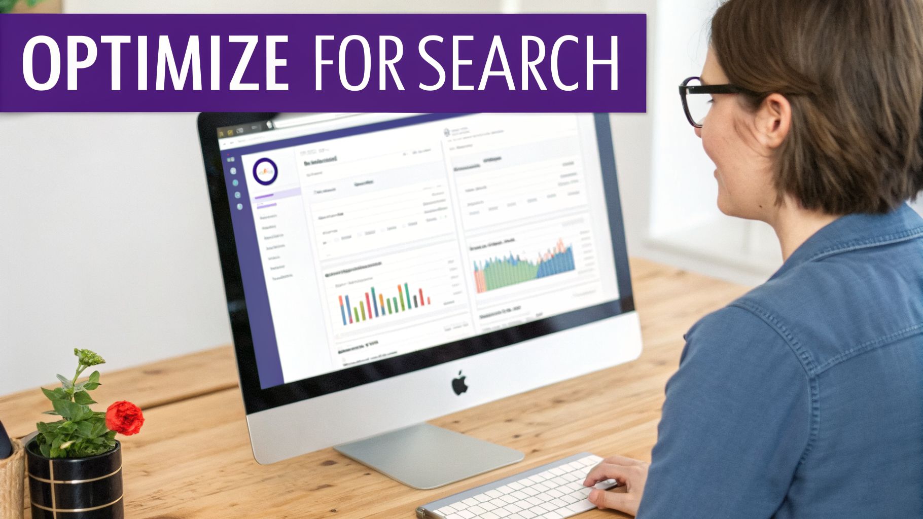 A woman in glasses works on an iMac showing analytics graphs, with a banner 'OPTIMIZE FOR SEARCH'.
