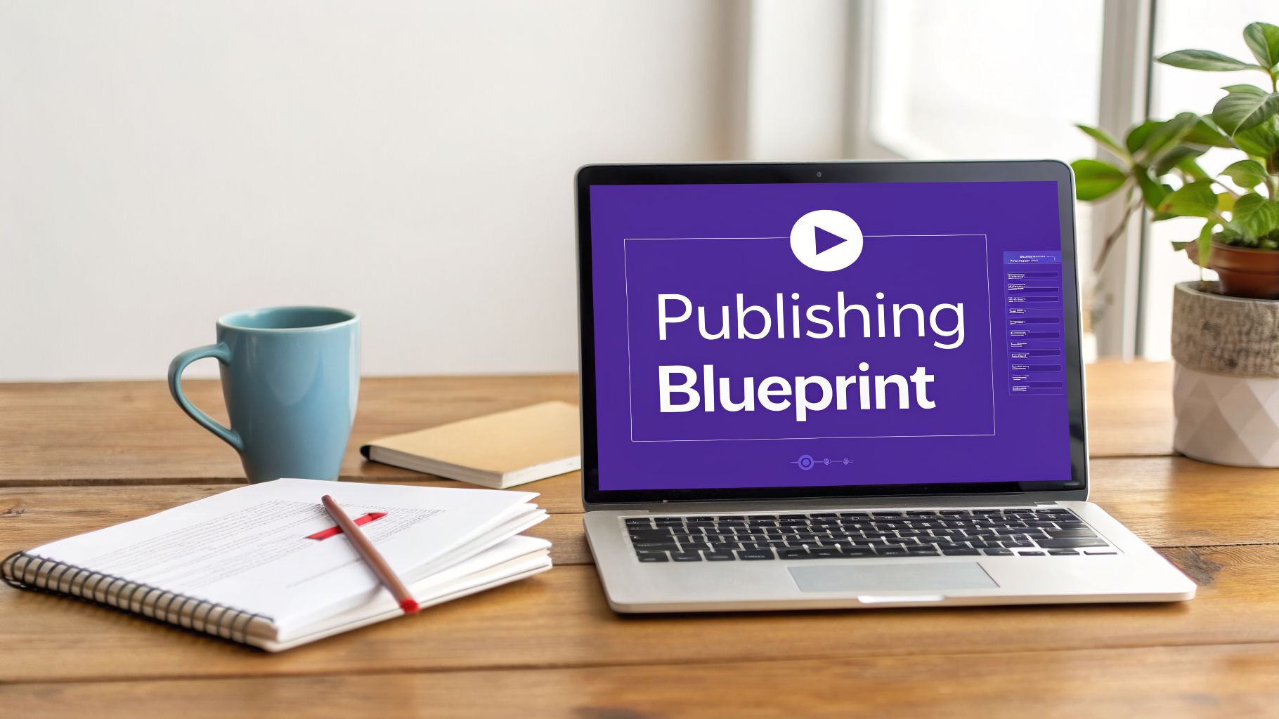 A laptop displaying 'Publishing Blueprint' on a wooden desk with a blue mug, notebook, and plant.