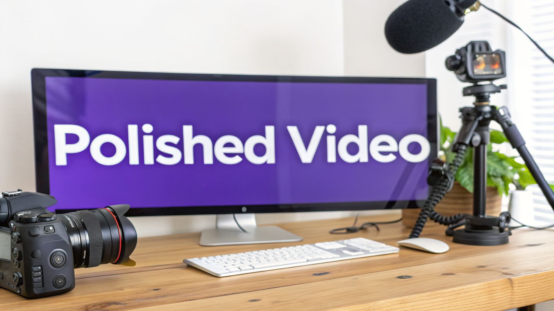 A video production workspace with a monitor displaying 'Polished Video', a camera, tripod, and microphone.