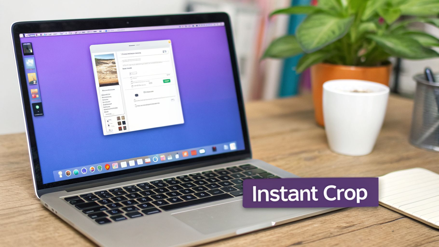 MacBook Pro on a wooden desk showing image editing software with a crop window, next to a plant and coffee.
