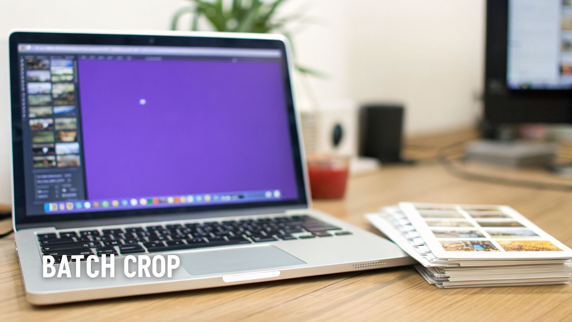 A laptop displays photo editing software with image previews and "BATCH CROP" text, next to a printed photos.