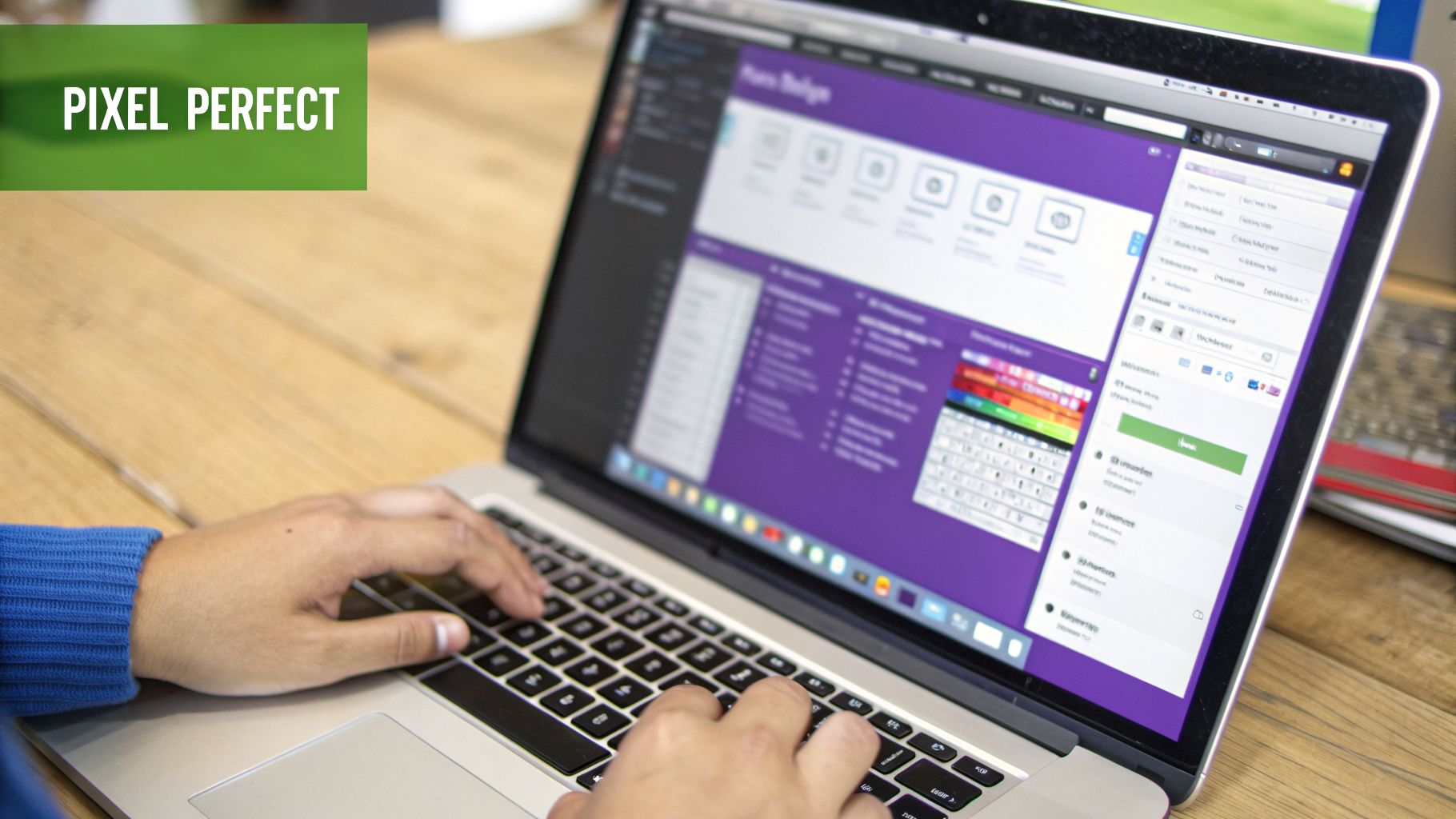 A person's hands typing on a MacBook laptop, displaying a design interface with purple and white elements.