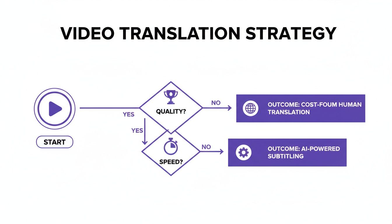 Flowchart for video translation strategy, deciding between human translation and AI subtitling based on quality and speed.