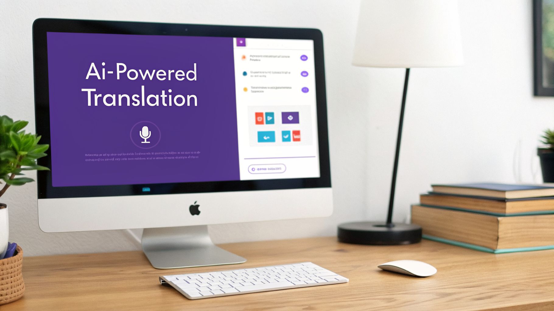 An Apple iMac displaying 'AI-Powered Translation' software, on a wooden desk with keyboard and mouse.