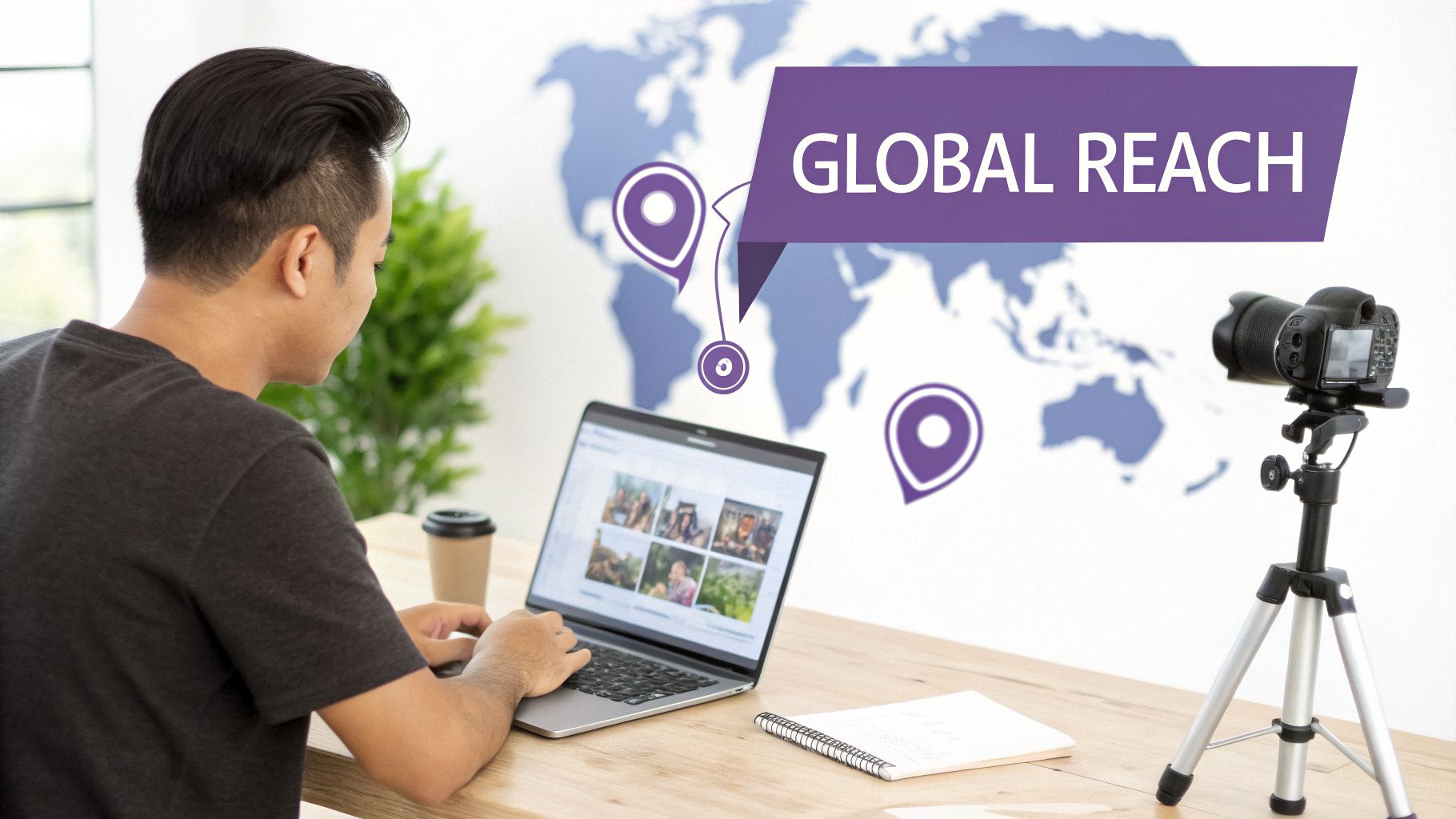 A person works on a laptop at a desk with a camera, showing "GLOBAL REACH" on a world map.