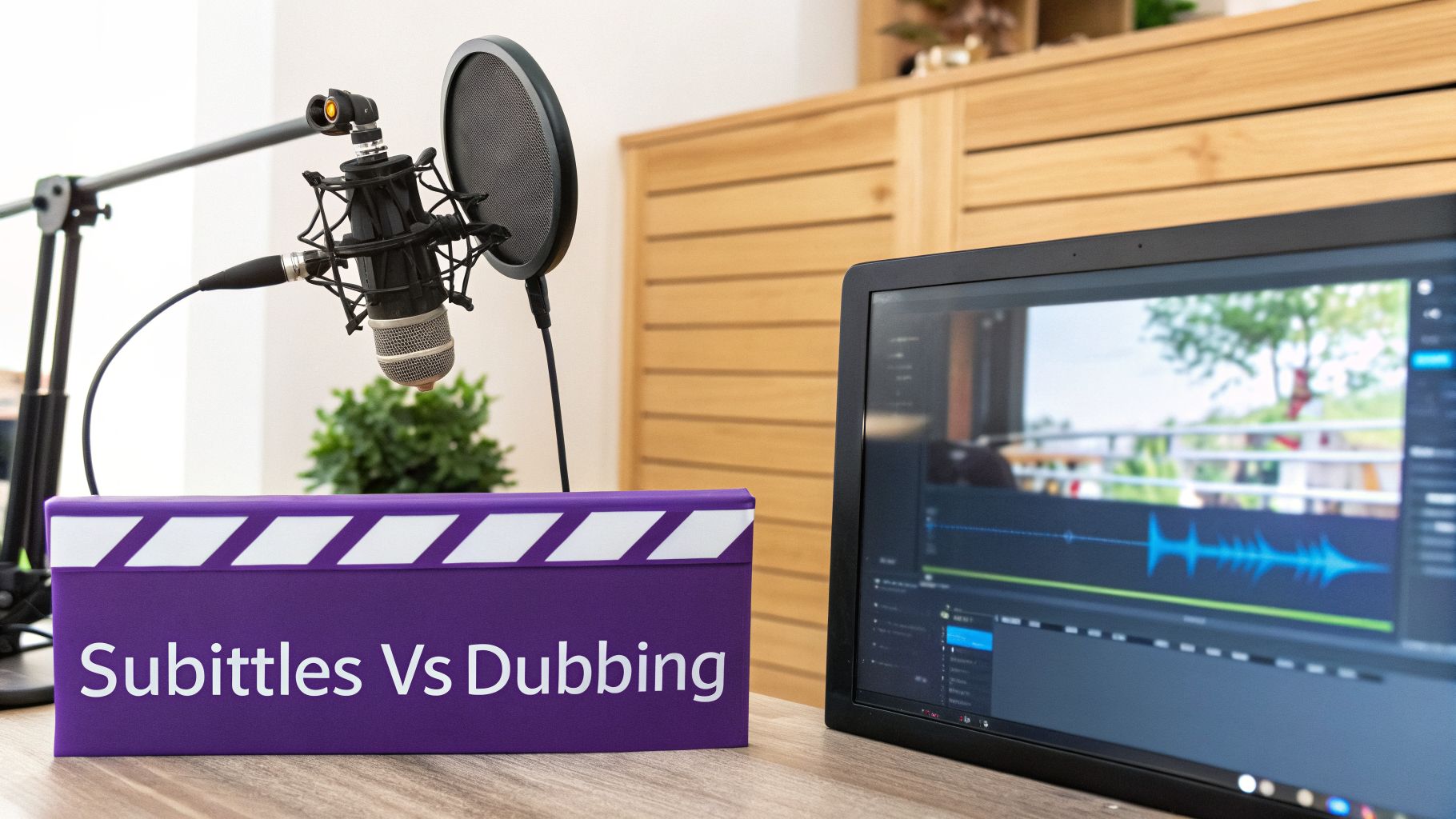 Microphone setup and laptop showing audio waveform for subtitles vs dubbing discussion.