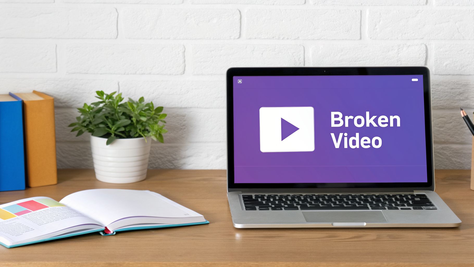 A laptop displays a 'Broken Video' message on its purple screen, alongside books and a plant on a wooden desk.