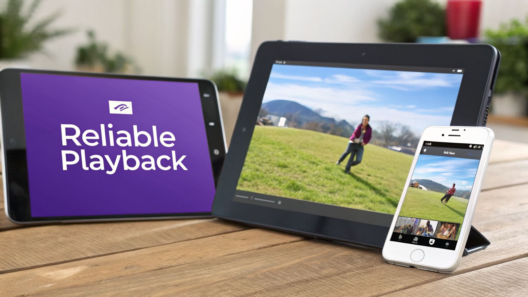Three electronic devices, two tablets and a smartphone, displaying video content on a wooden table.