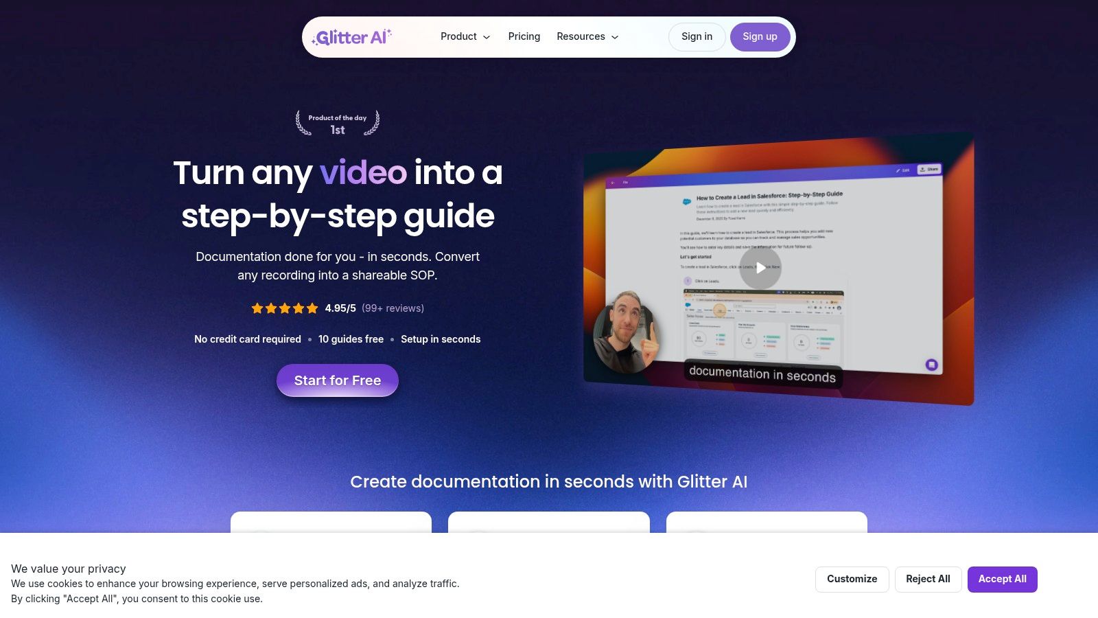 Glitter AI's interface showing a video-to-guide conversion process.
